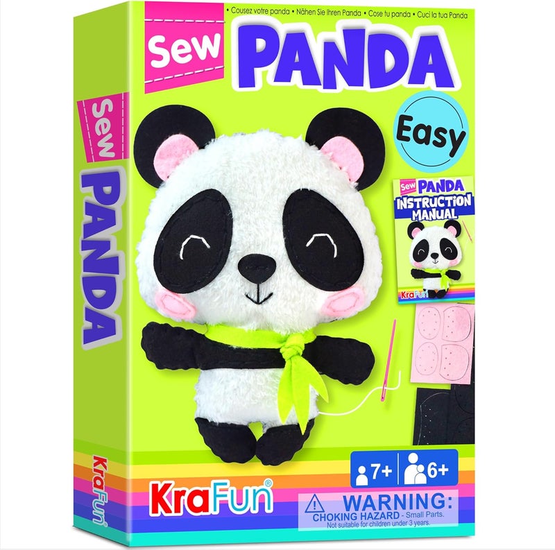 KRAFUN Panda Animal Sewing Kit for Kids Beginner My First Art & Craft, Includes Panda Doll Stuffed Animal, Instructions & Plush Felt Materials for Embroidery, Age 7 8 9 10 11 12 - Image 1